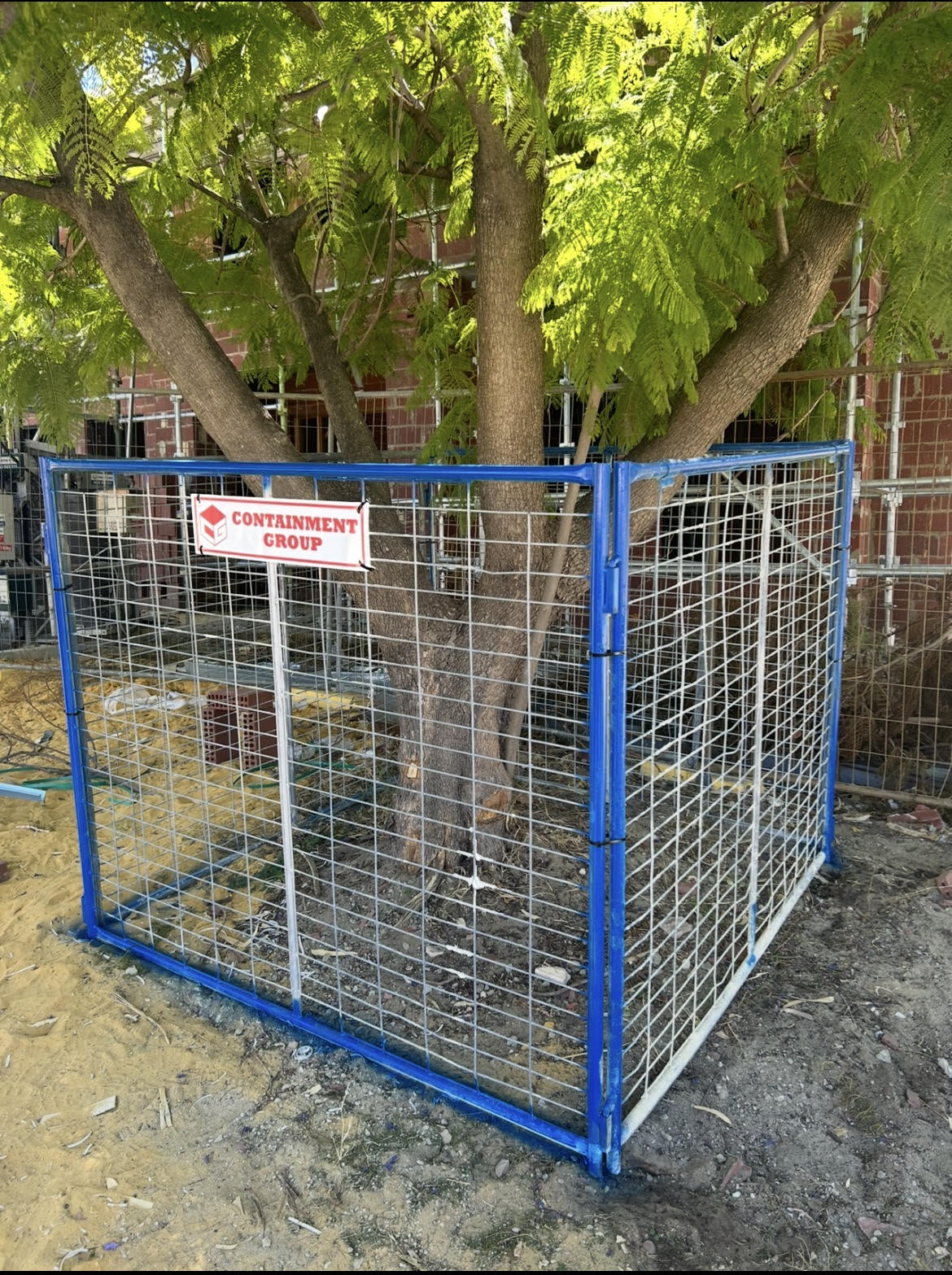 Containment Group blue caged tree protection installed around a tree on a Perth site